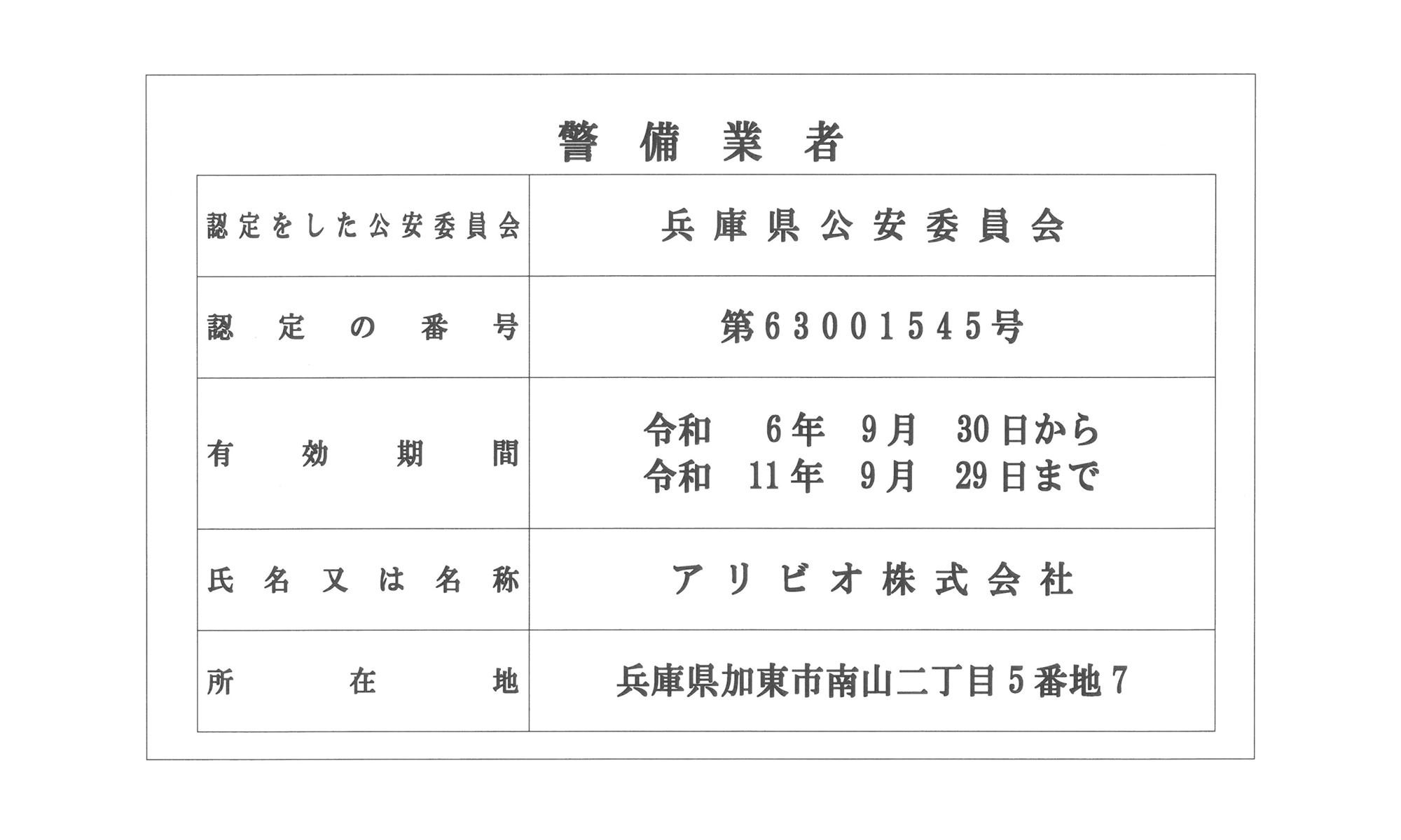 警備業者データ｜認定をした公安委員会 兵庫県公安委員会、認定の番号 第63001545号、有効期間 令和元年9月30日から令和6年9月29日まで、氏名又は名称 アリビオ株式会社、所在地	兵庫県加東市南山二丁目5番地7